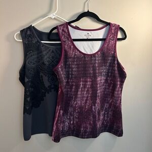 2 Athleta Tank Tops XL Pink Muscle Up & Black‎ Floral Bundle